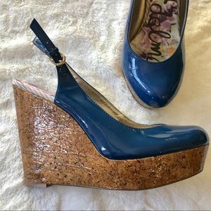 SAM EDELMAN MALLORY PATENT BLUE CORK HEAL WEDGE